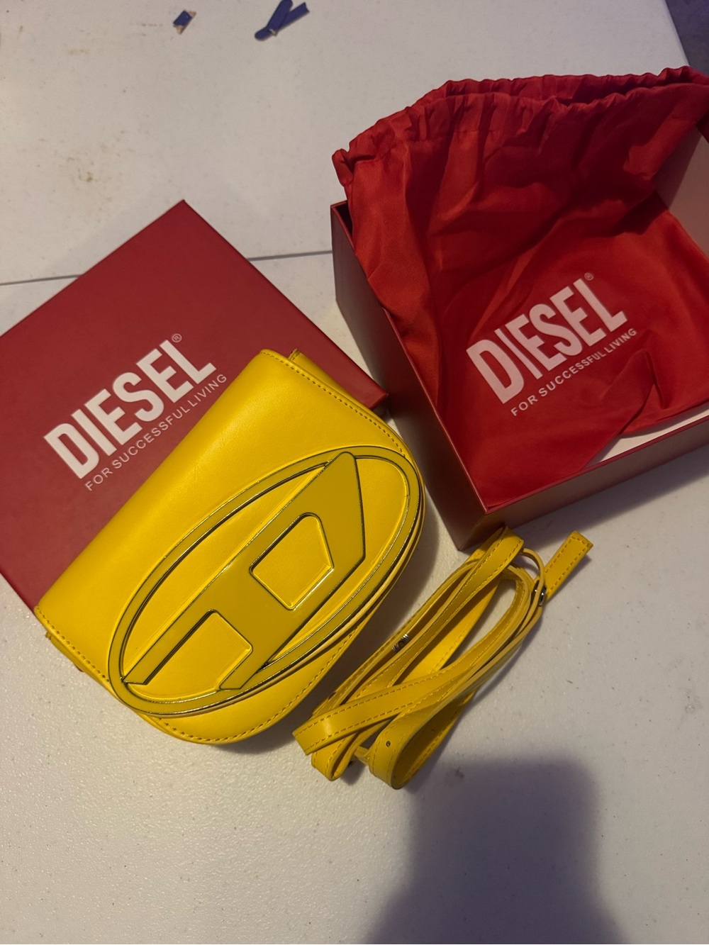 DIESEL Bright Yellow Leather Crossbody Bag with Signature Logo